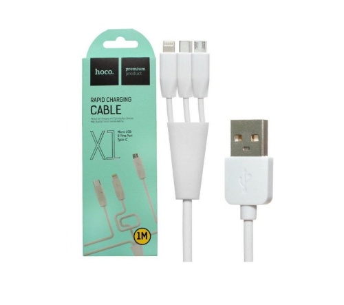 Кабель 3в1 USB Micro/ Lightning/ Type-C (X1) Hoco Rapid Original длина 1м (белый) *  купить оптом