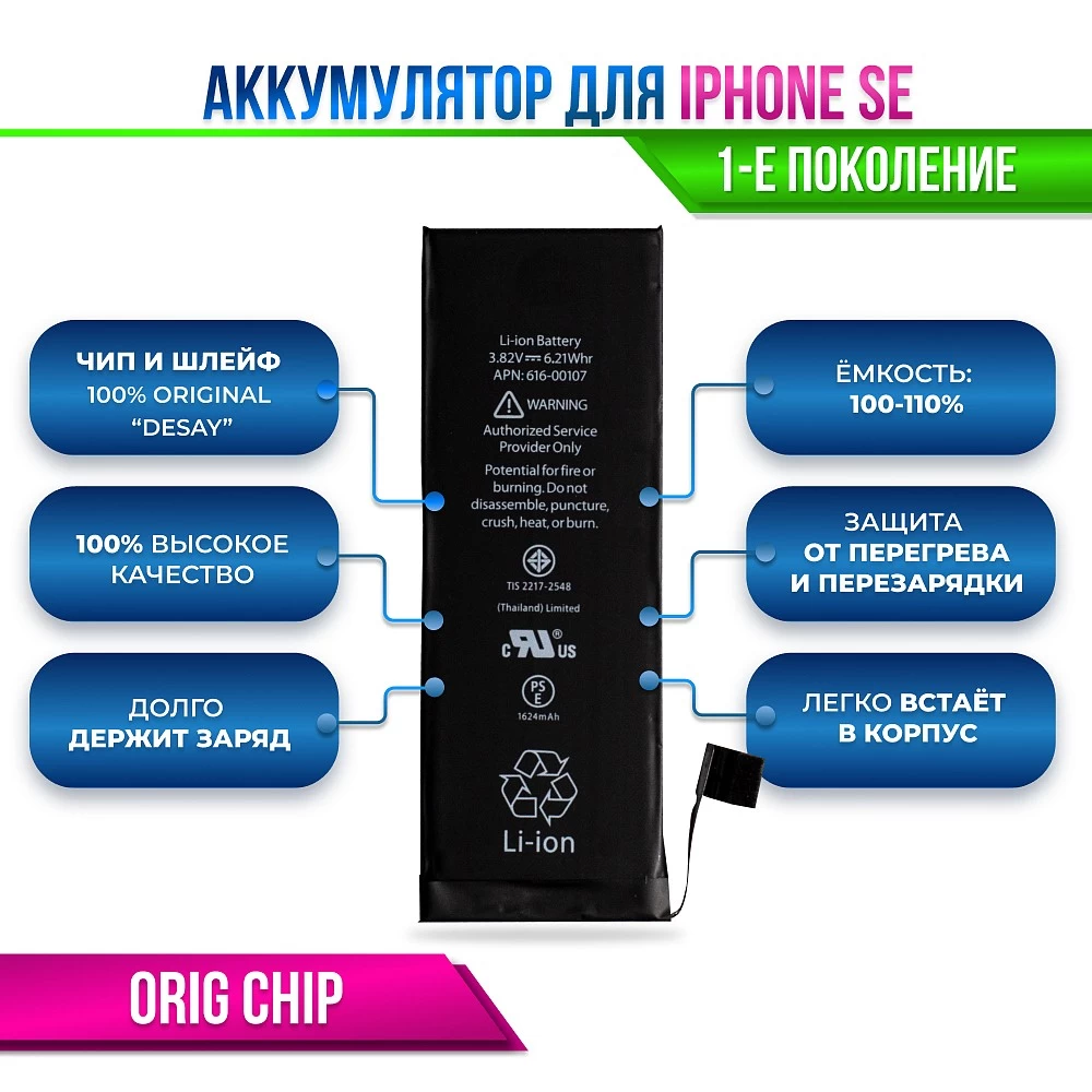 Аккумулятор для iPhone SE Orig Chip "Desay" (отображает % ёмкости в настройках) купить оптом рис 2