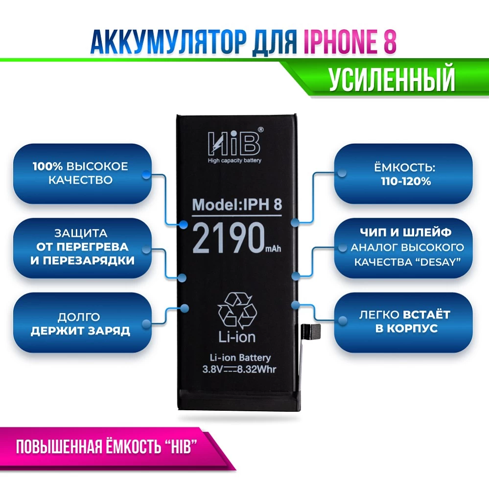 Аккумулятор для iPhone 8 с повышенной ёмкостью (2190 mAh) "HIB" Original купить оптом рис 2