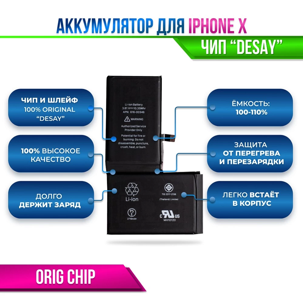 Аккумулятор для iPhone X Orig Chip "Desay" (отображает % ёмкости в настройках) купить оптом рис 2