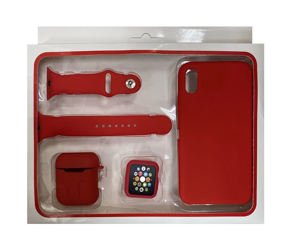 Набор 4в1 (Silicone Case iPhone XS Max +Чехол +Ремешок+"Бампер" Watch 42 / 44мм)(красный) купить оптом рис 1