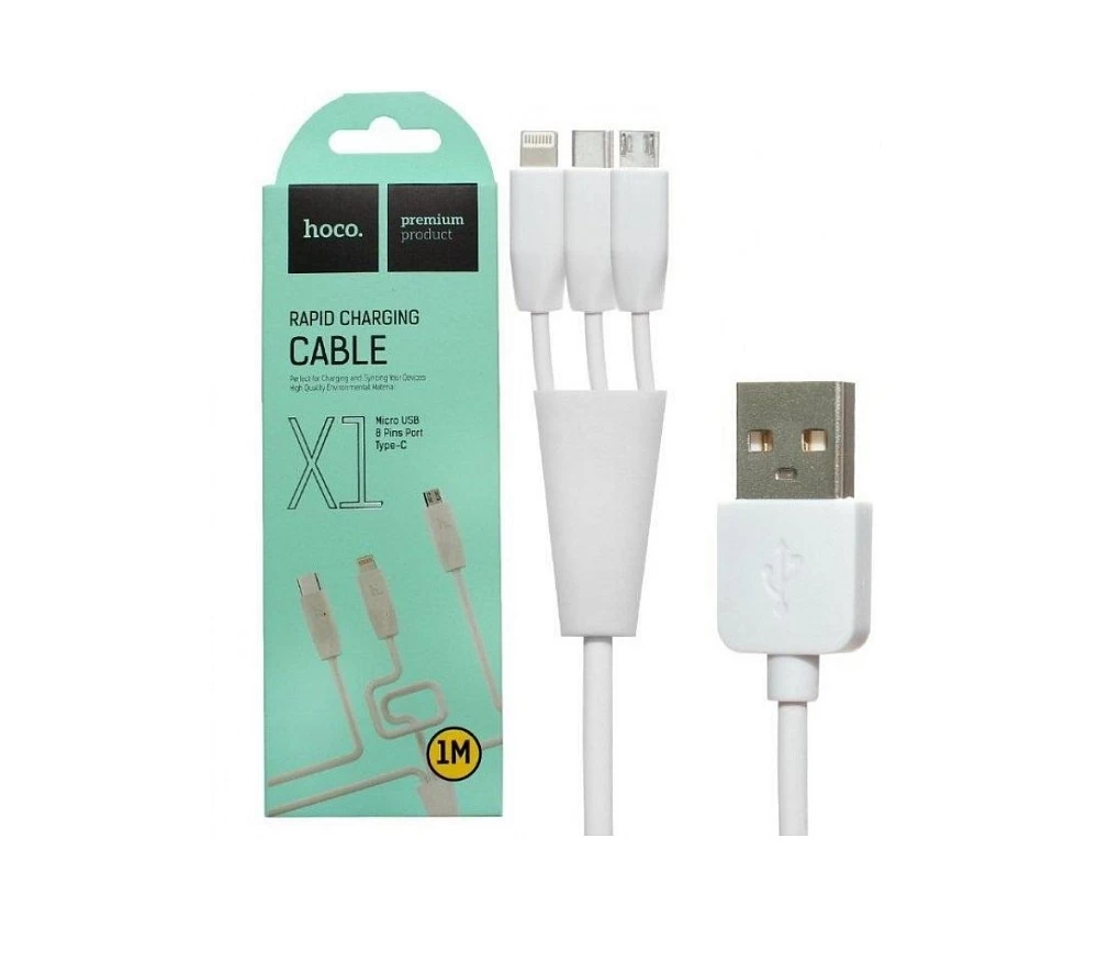Кабель 3в1 USB Micro/ Lightning/ Type-C (X1) Hoco Rapid Original длина 1м (белый) *  купить оптом рис 1