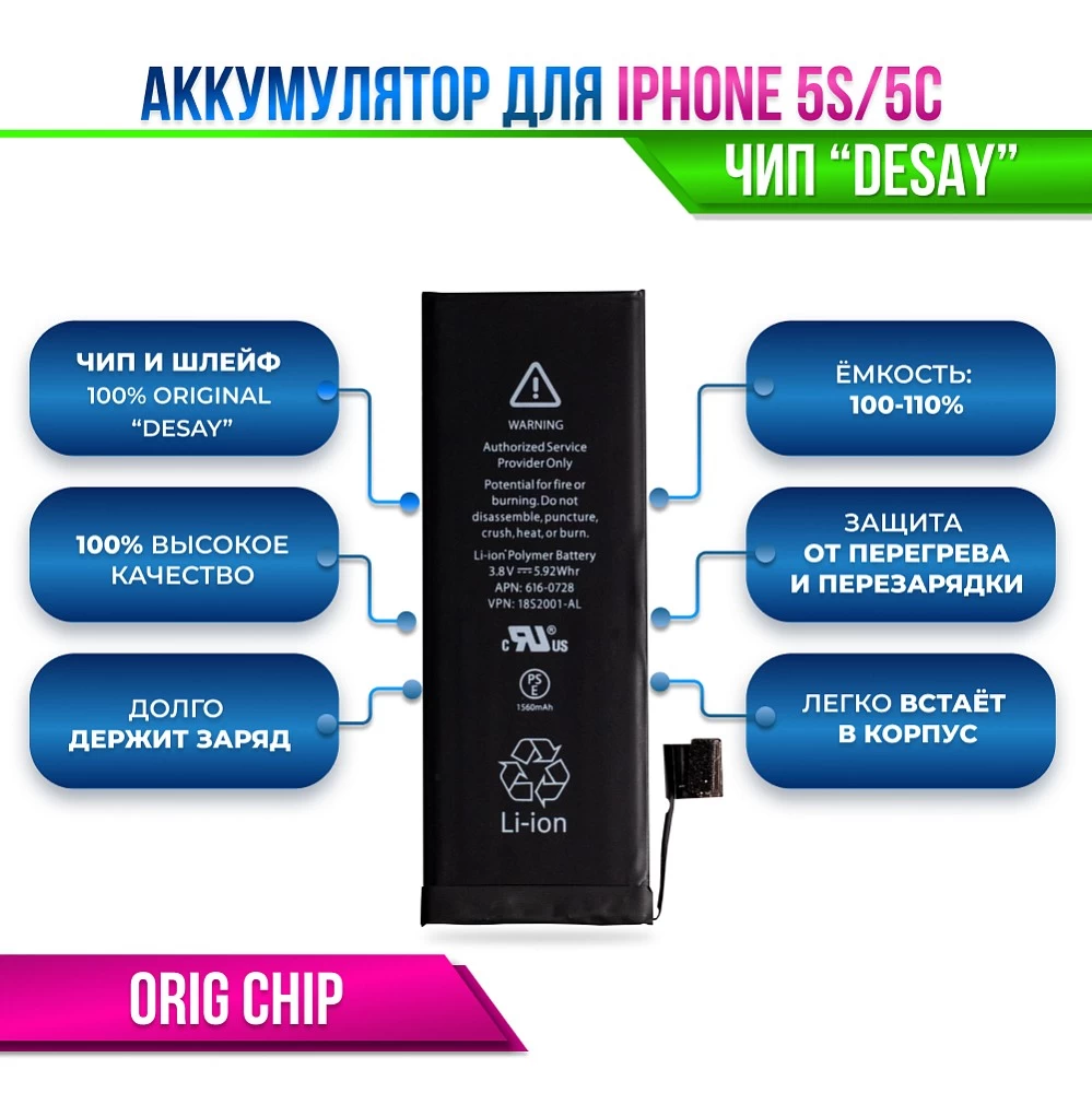 Аккумулятор для iPhone 5S / 5C Orig Chip "Desay" (Восстановленный оригинал) купить оптом рис 2