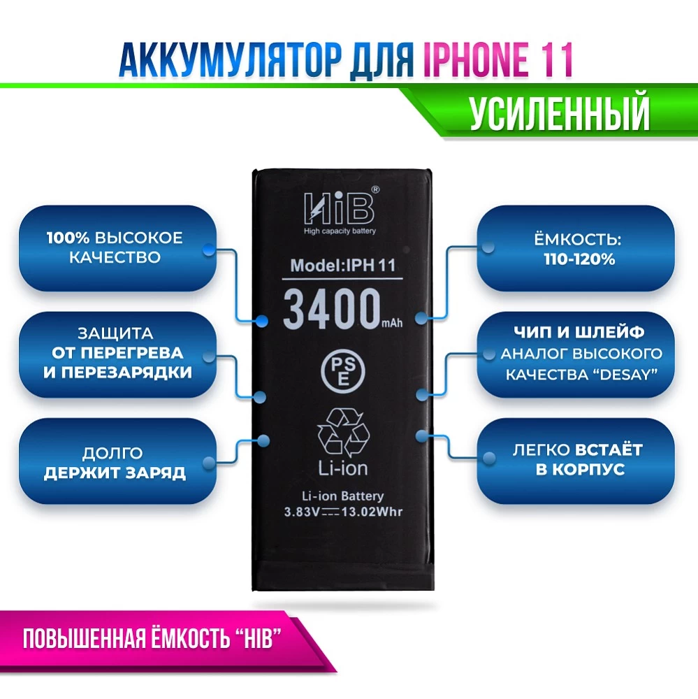 Аккумулятор для iPhone 11 с повышенной ёмкостью (3400 mAh) "HIB" Original купить оптом рис 9