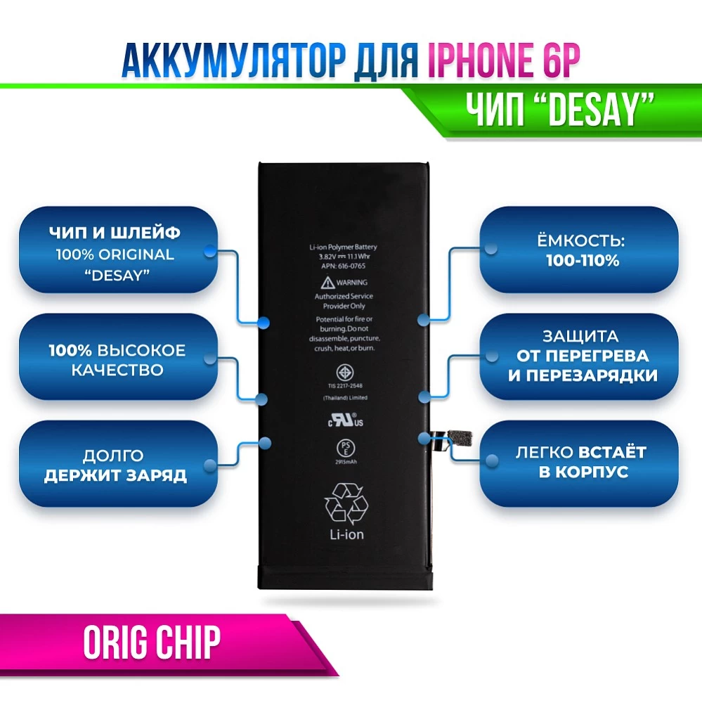 Аккумулятор для iPhone 6 Plus Orig Chip "Desay" (отображает % ёмкости в настройках) купить оптом рис 2