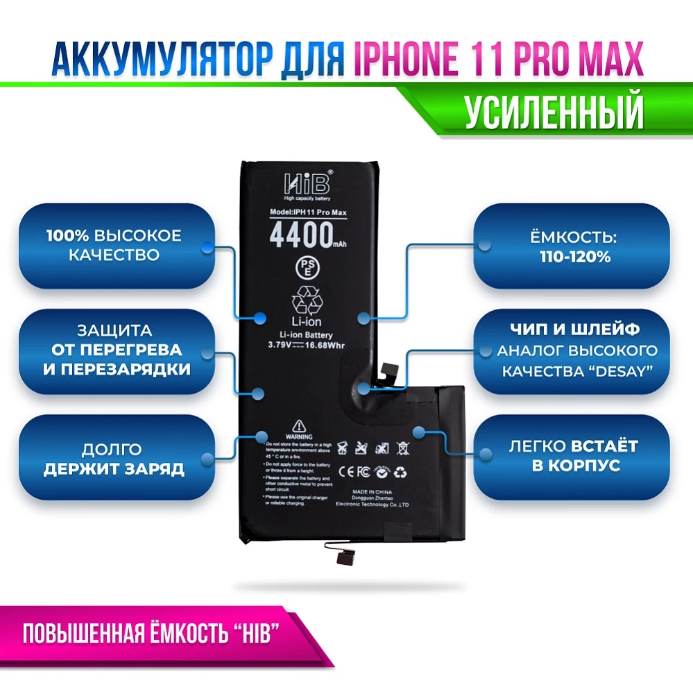 Аккумулятор для iPhone 11 PRO MAX с повышенной ёмкостью (4400 mAh) "HIB" Original купить оптом рис 2
