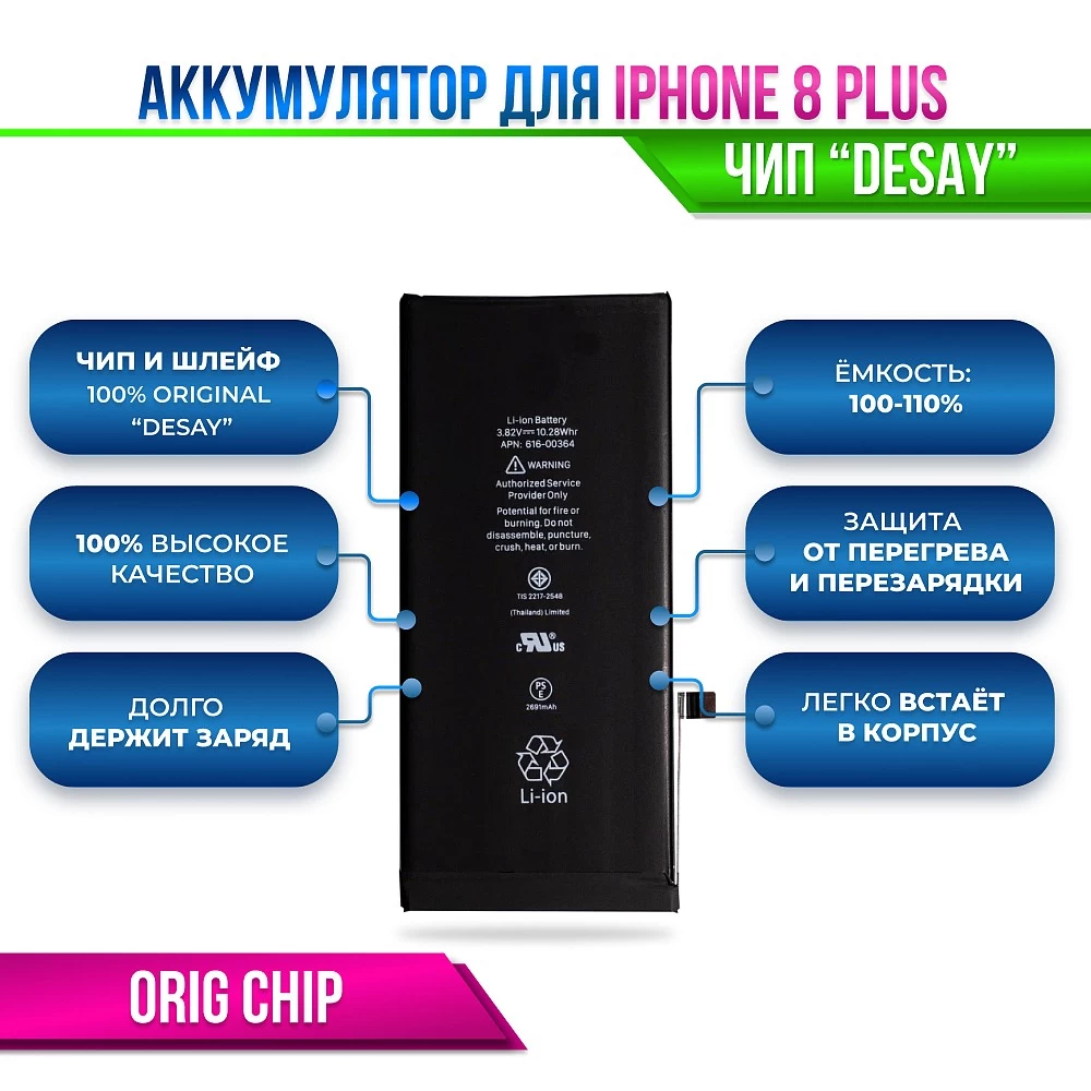 Аккумулятор для iPhone 8 Plus Orig Chip "Desay" (отображает % ёмкости в настройках) купить оптом рис 5