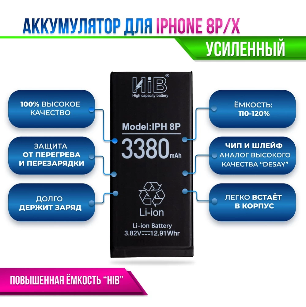 Аккумулятор для iPhone 8 Plus с повышенной ёмкостью (3380 mAh) "HIB" Original купить оптом рис 6