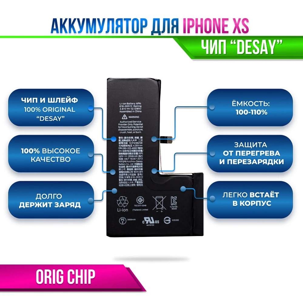 Аккумулятор для iPhone XS Orig Chip "Desay" (восстановленный оригинал) купить оптом рис 2