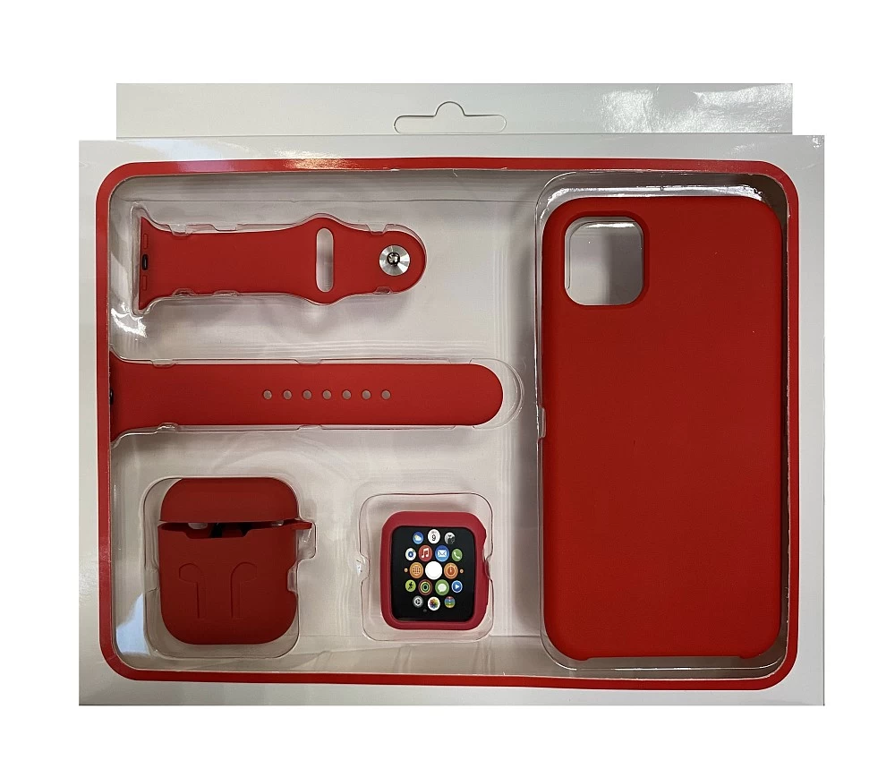 Набор 4в1 (Silicone Case iPhone 11Pro Max+Чехол+Ремешок+"Бампер" Watch 42 / 44мм)(красный)* купить оптом рис 1