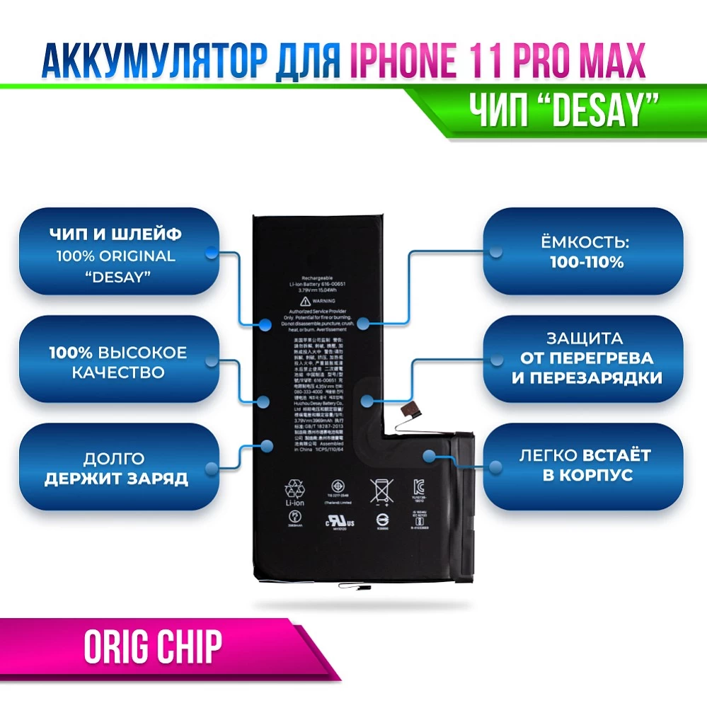 Аккумулятор для iPhone 11 PRO MAX Orig Chip "Desay" (восстановленный оригинал) купить оптом рис 2