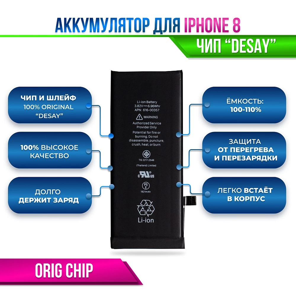 Аккумулятор для iPhone 8 Orig Chip "Desay" (отображает % ёмкости в настройках) купить оптом рис 2
