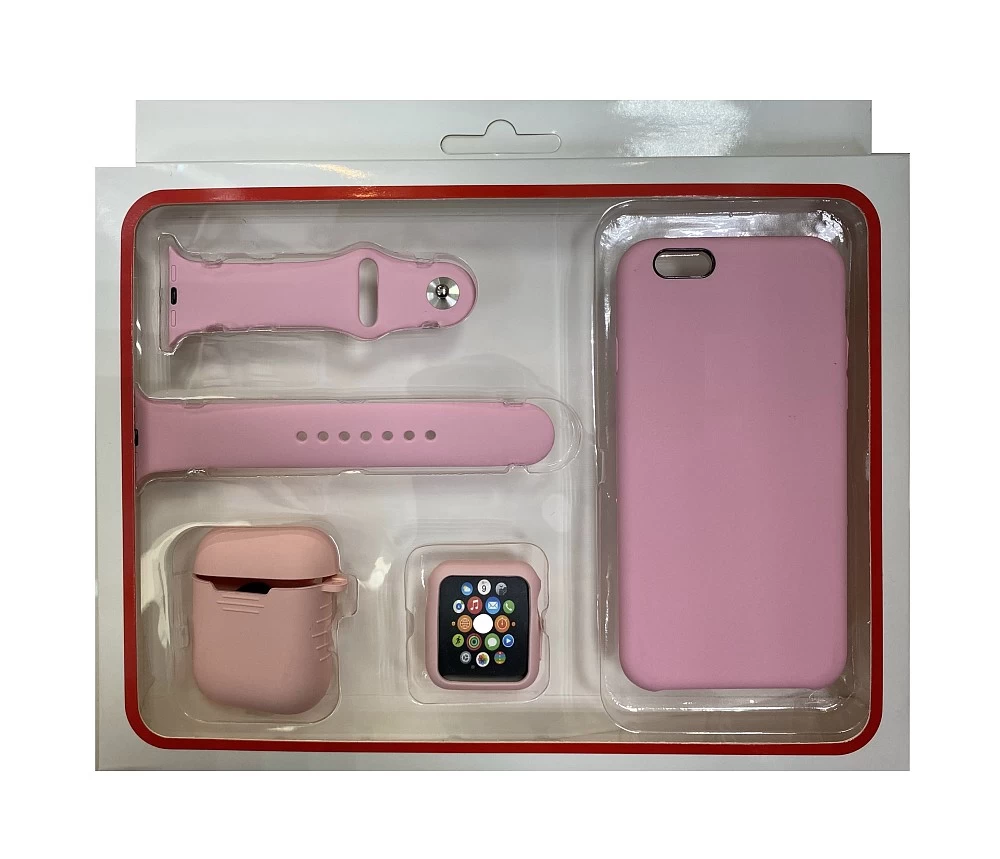 Набор 4в1 (Silicone Case iPhone 6 / 6S +Чехол+Ремешок+"Бампер" Watch 38 / 40мм)(розовый)* купить оптом рис 1