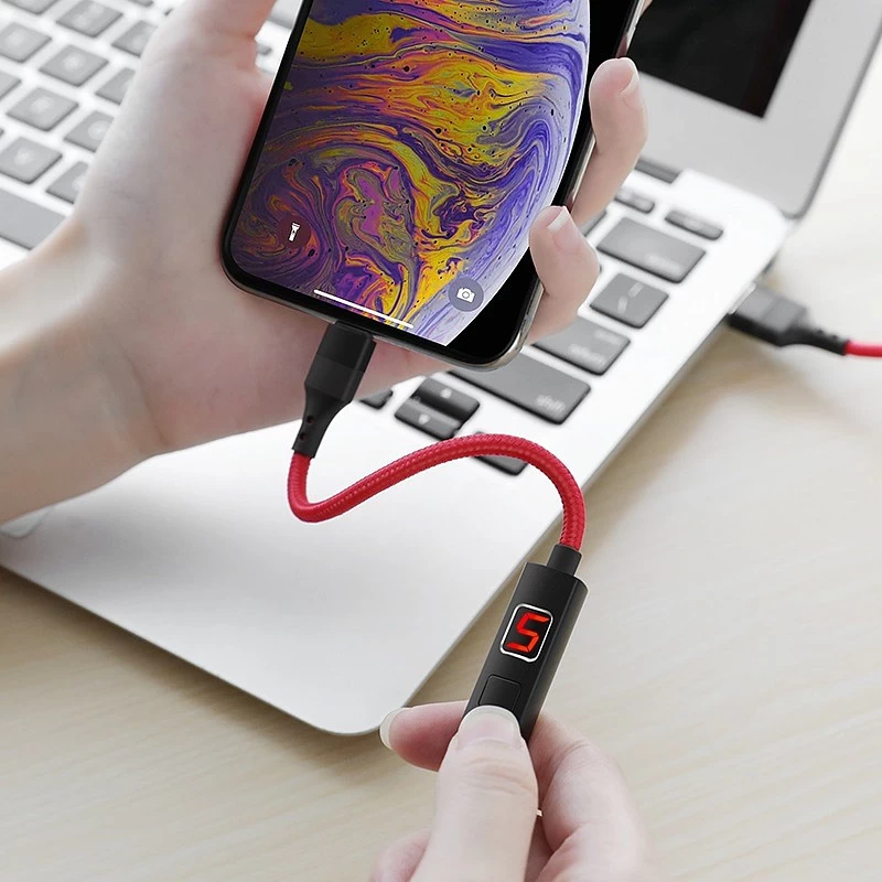 Кабель Lightning - USB (S13) Hoco Timing Display 5А длина 1,2м (красный), ткань* купить оптом рис 2