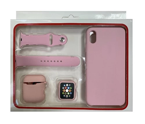 Набор 4в1 (Silicone Case iPhone XS Max+Чехол+Ремешок+&quot;Бампер&quot; Watch 42 / 44мм)(розовый)* купить оптом рис 2