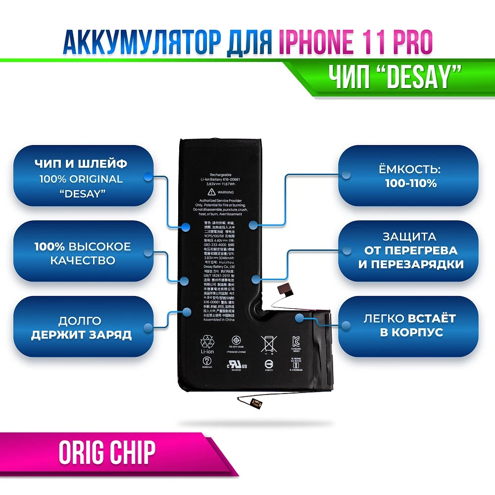 Аккумулятор для iPhone 11 PRO Orig Chip "Desay" (восстановленный оригинал) купить оптом рис 2