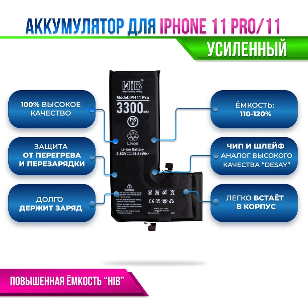Аккумулятор для iPhone 11 PRO с повышенной ёмкостью (3300 mAh) "HIB" Original купить оптом рис 2