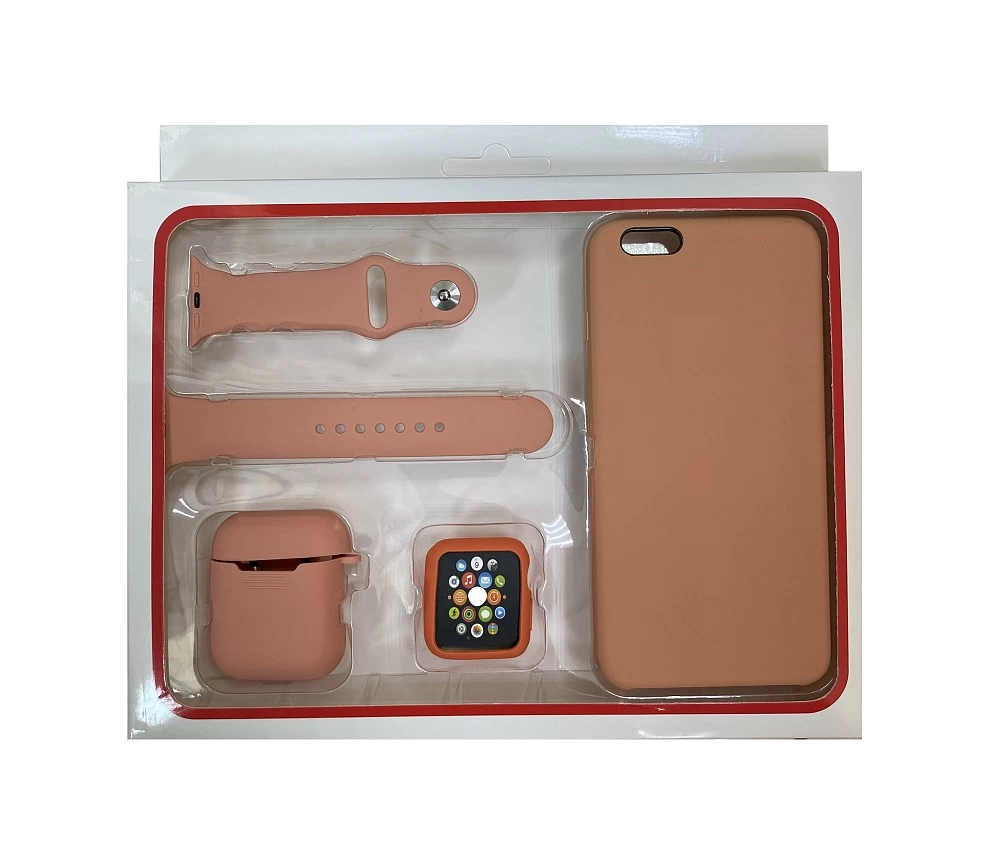 Набор 4в1 (Silicone Case iPhone 6+/ 6S+Чехол 1 / 2+Ремешок+"Бампер" Watch 38 / 40мм) (персик)* купить оптом рис 1