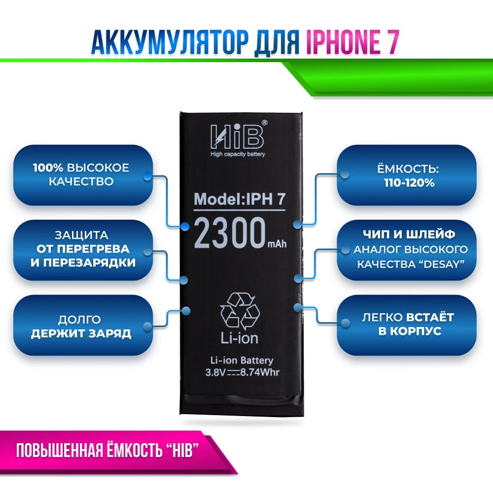 Аккумулятор для iPhone 7 с повышенной ёмкостью (2300 mAh) "HIB" Original купить оптом рис 2