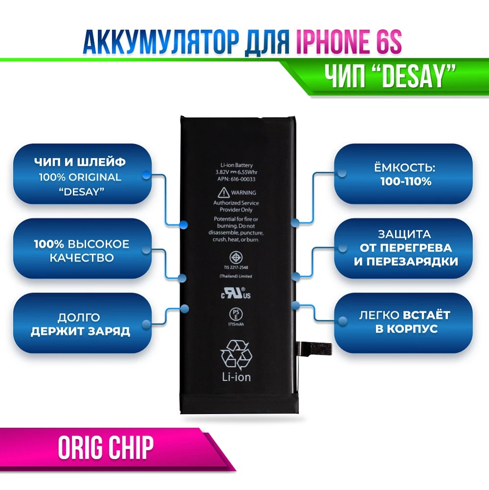 Аккумулятор для iPhone 6S Orig Chip "Desay" (отображает % ёмкости в настройках) купить оптом рис 3