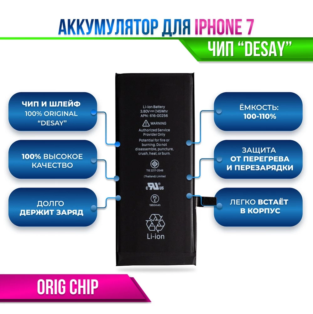 Аккумулятор для iPhone 7 Orig Chip "Desay" (отображает % ёмкости в настройках) купить оптом рис 4